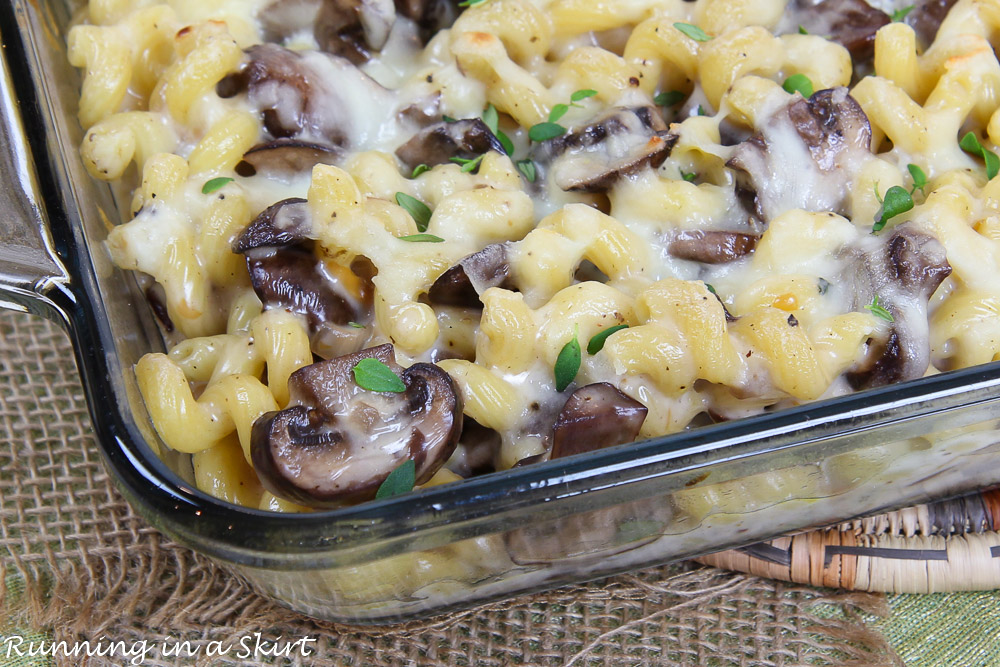 Close up of Smoked Gouda Pasta Mac and Cheese Bake in the baking dish.