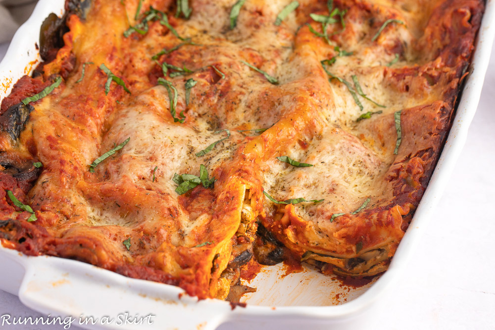 Spinach Portobello Mushroom Lasagna in a baking dish.