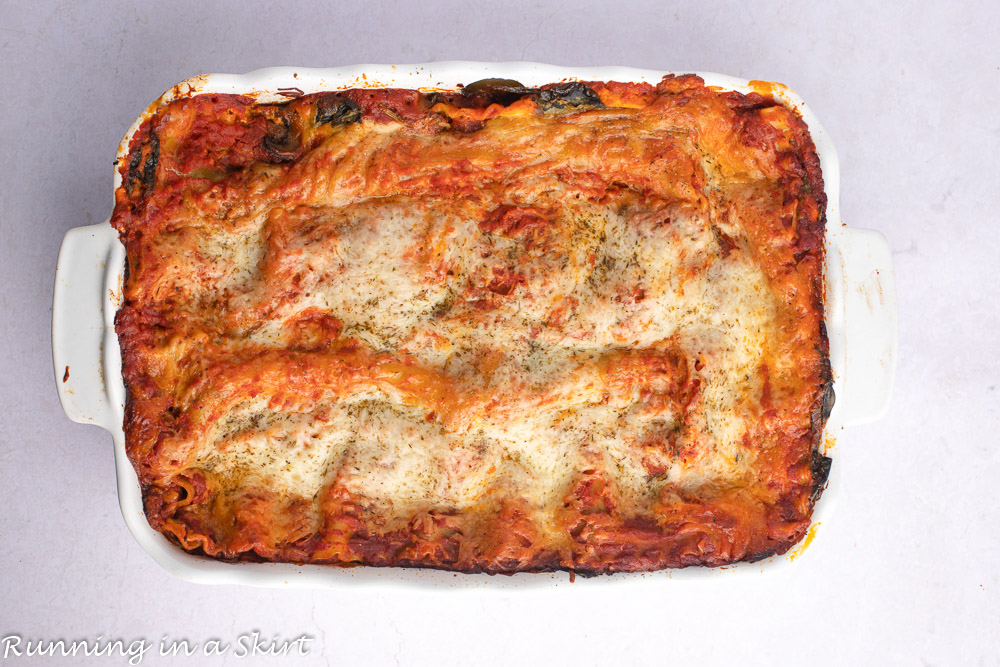 Spinach Portobello Mushroom Lasagna in a baking dish.