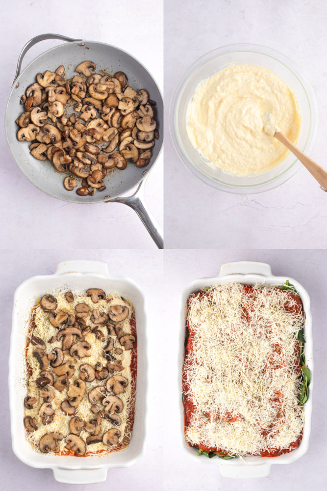 Process photos collage showing up the cooked mushrooms, mixed ricotta cheese and how to stack the lasagna.