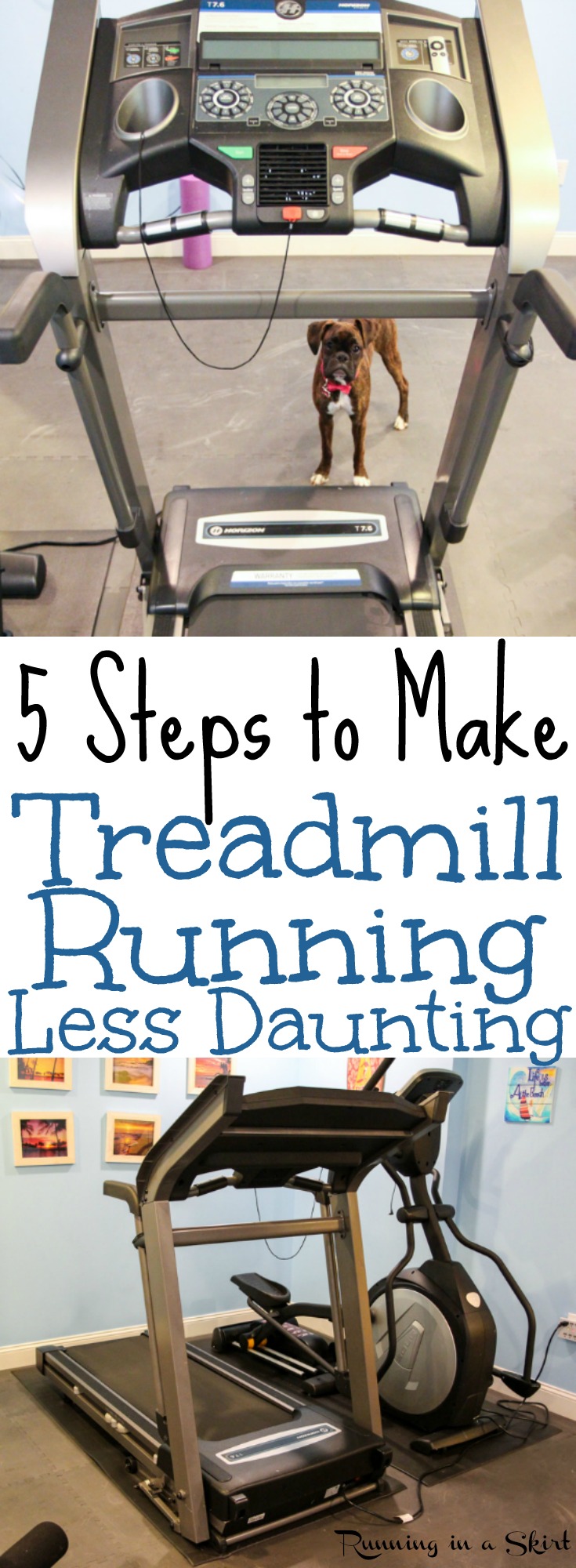 5 Tips to Make Treadmill Running Less Daunting. And easy and awesome plan to make the time go by faster including workout ideas. Motivation for beginners or advanced. / Running in a Skirt via @juliewunder