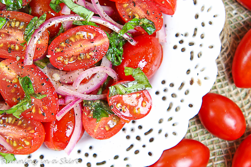 Overhead of cherry tomatoes in the marinated cherry tomatoes.