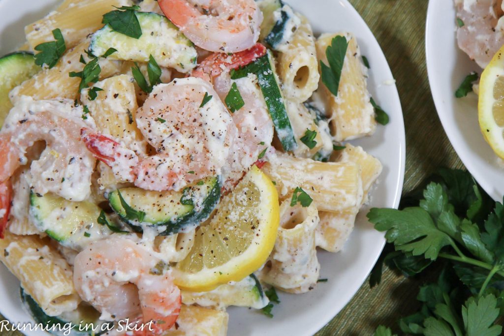 Lemon Ricotta Pasta with Shrimp on a plate.