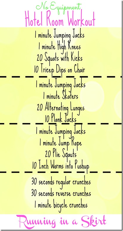 Travel doesn&rsquo;t have to be an obstacle to working out!  With this quick No Equipment Hotel Room Workout you can get a quick full body fitness session in without even leaving your room.