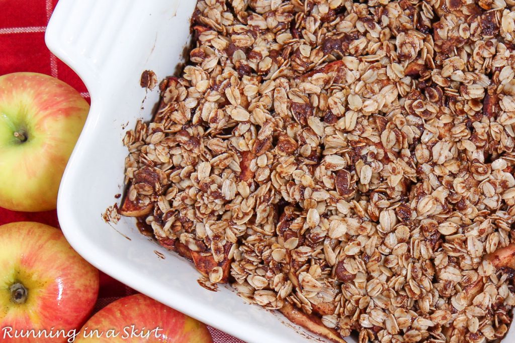 Healthy Apple Crisp with oats in a baking dish.