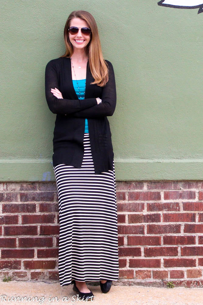 Fashion Friday - Black and White Maxi Skirt with green accents / Running in a Skirt
