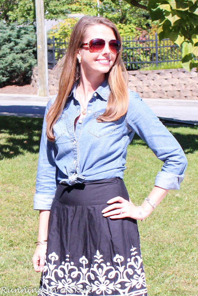 Black and White Skirt with Denim Shirt - cute way to mix up closet staples/ Running in a Skirt