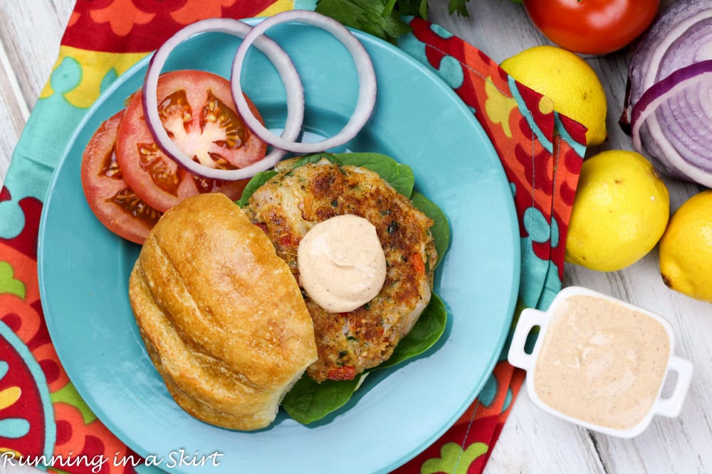 Cajun Shrimp Burger on a blue plate overhead shot