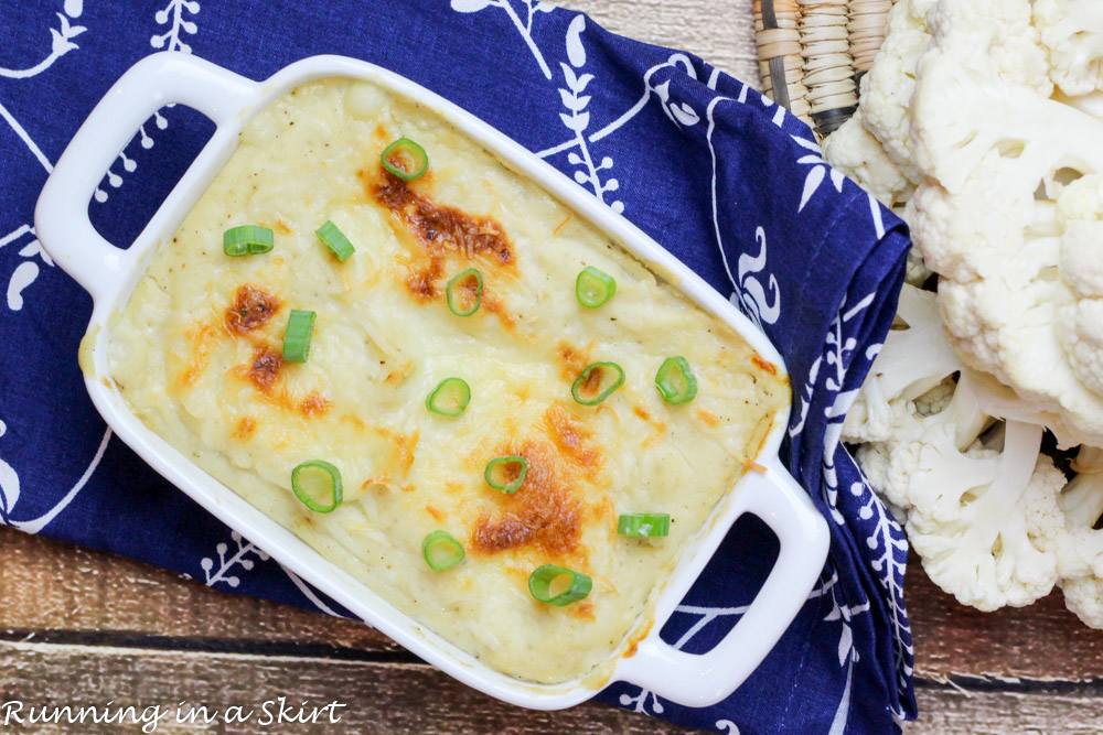 Baked Garlic Mashed Cauliflower recipe overhead shot.