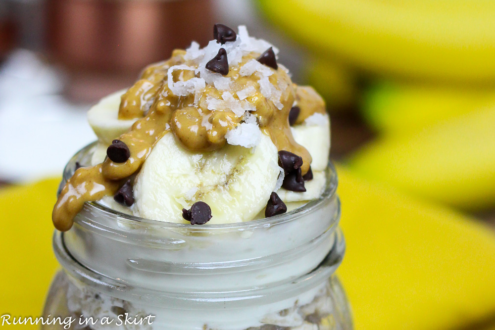 Peanut Butter Chunky Monkey Overnight Oats close up.