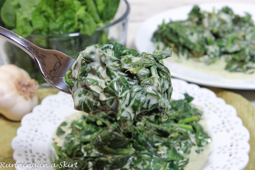 Low Fat Crock Pot Creamed Spinach on a fork