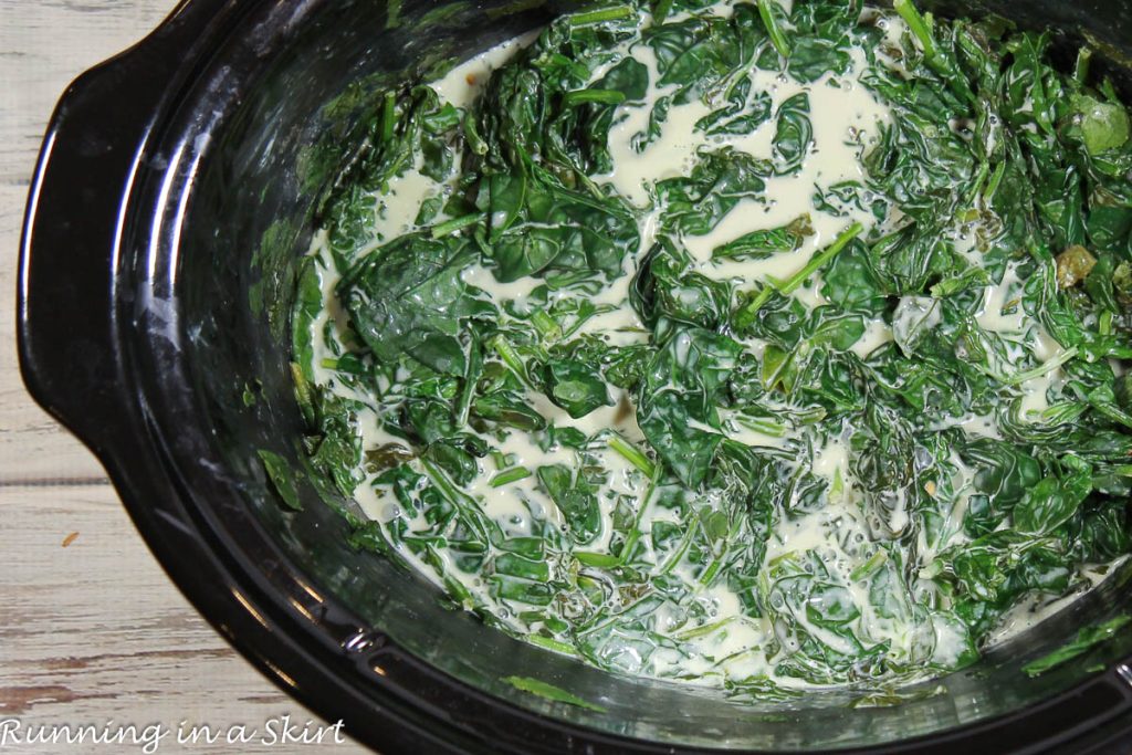 Low Fat Crock Pot Creamed Spinach in the slow cooker.