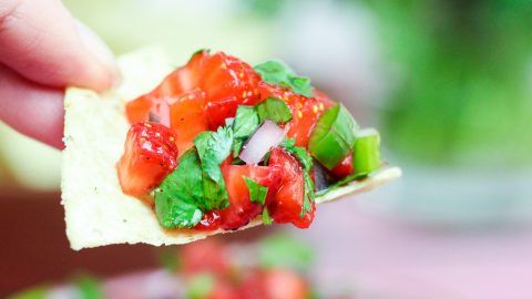 Strawberry Salsa Recipe, healthy, easy and fresh! The perfect fruit salsa for summer. Has jalapenos but you can sub those for bell peppers or poblanos if you don't like it spicy./ Running in a Skirt
