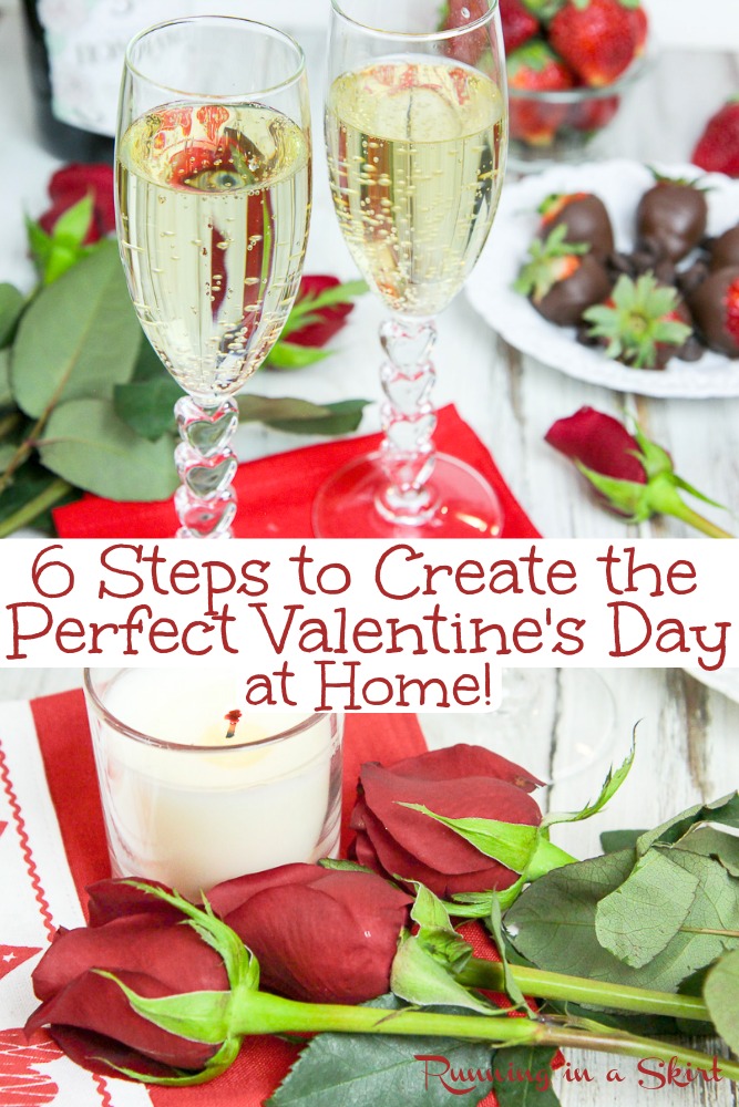 6 Steps to Create the Perfect Valentine's Day at Home. Staying in for Valentine's Day? These date ideas and dinner menus can help you elevate your evening into something romantic and special. Includes instructions for DIY chocolate covered strawberries. / Running in a Skirt #valentinesday #healthyliving #romantic #date via @juliewunder