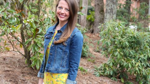 White Jeans Look -- Yellow Floral shirt, denim jacket and white jeans. / Running in a Skirt