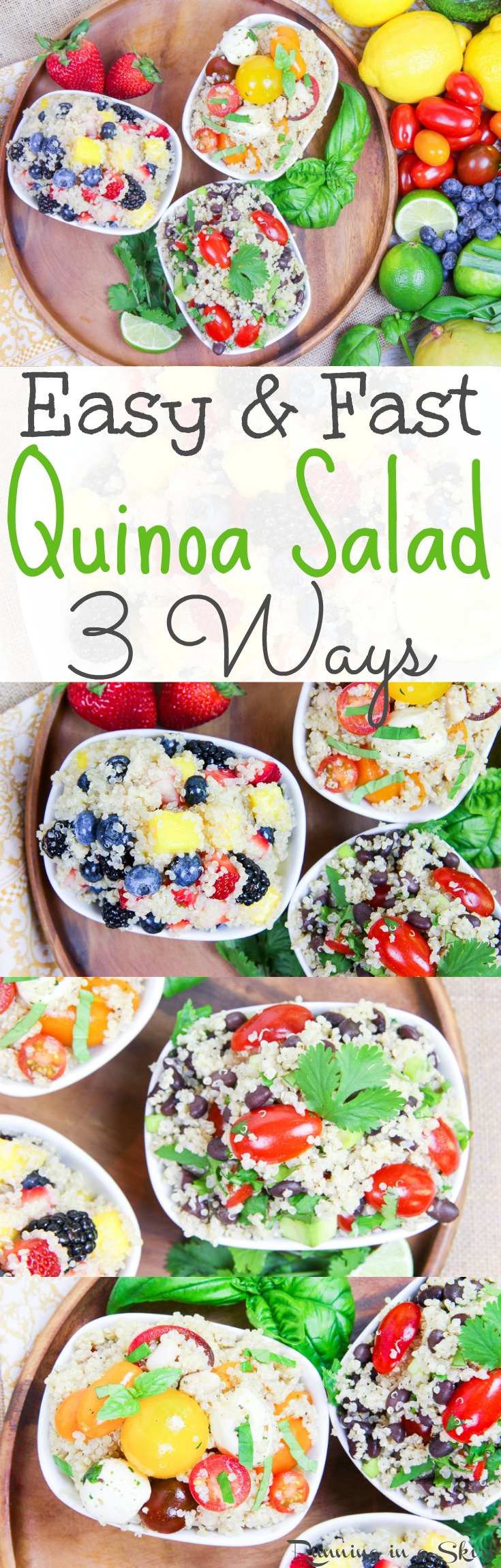 Easy & Fast Quinoa Salad Three Ways! Healthy Mexican Black Bean Quinoa Salad, Heirloom Tomato Quinoa Salad and Honey Lime Mango Berry Quinoa Salad recipes. All simple with 7 ingredients or less. The best gluten free, clean eating, vegetarian lunch idea. All ingredients found at @aldiusa / Running in a Skirt #IlikeALDI #ALDIGram via @juliewunder