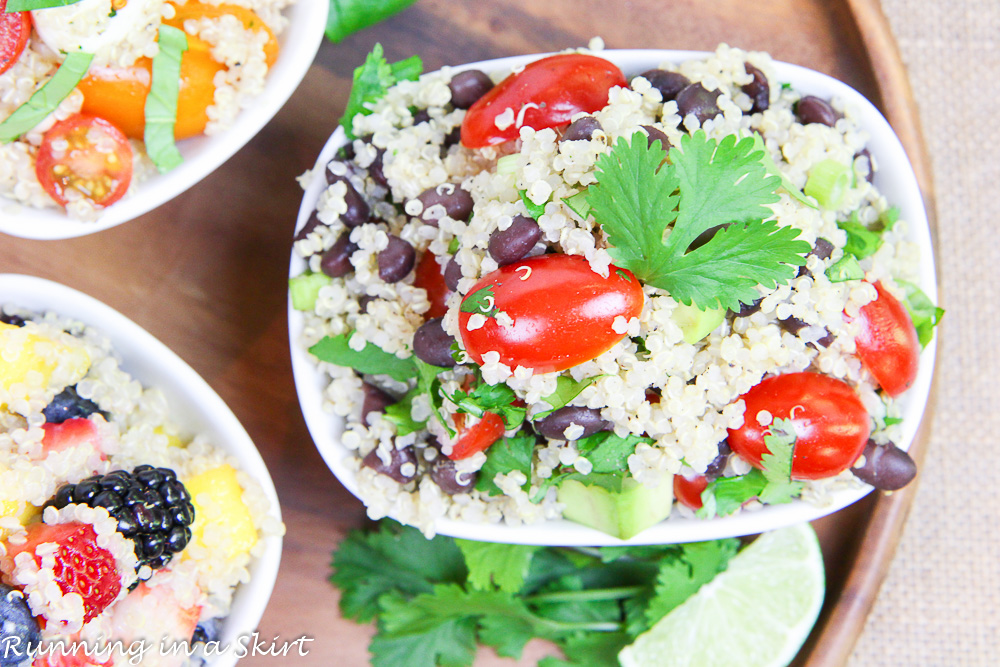 3 Easy Quinoa Salad Recipes- all less than 6 ingredients! Heirloom Tomato Caprese Quinoa Salad, Honey Lime Mango Berry Quinoa Salad and Mexican Black Bean Quinoa Salad / Running in a Skirt