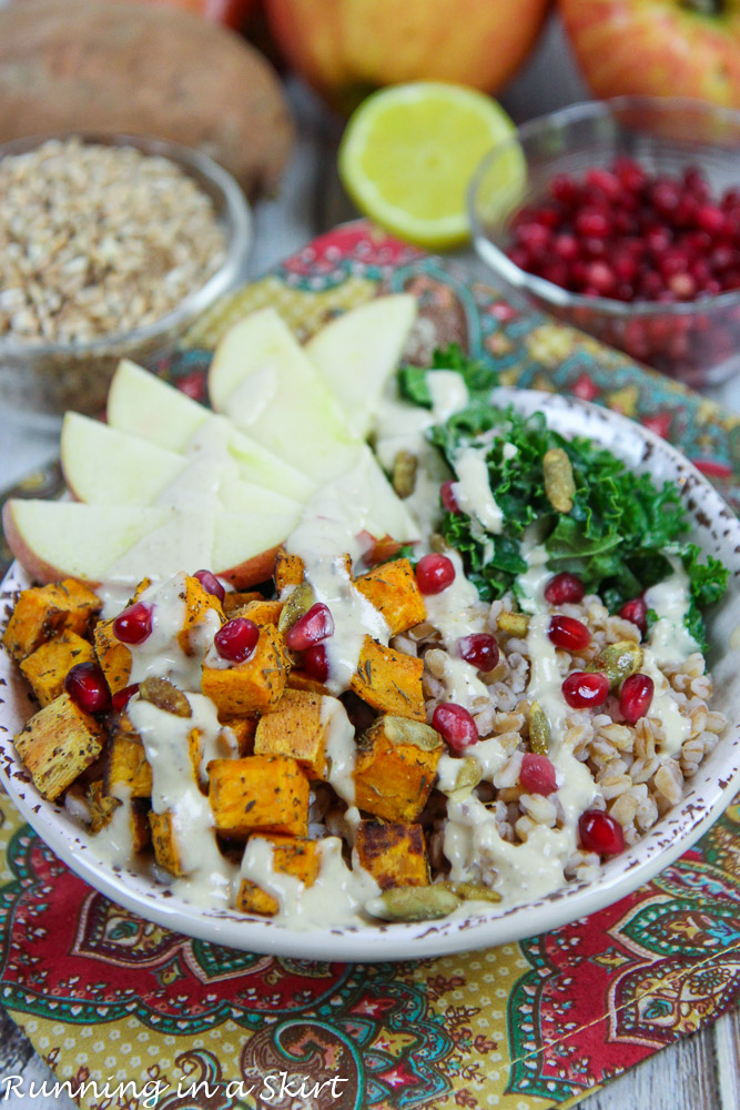 Harvest bowl recipe in a white bowl.