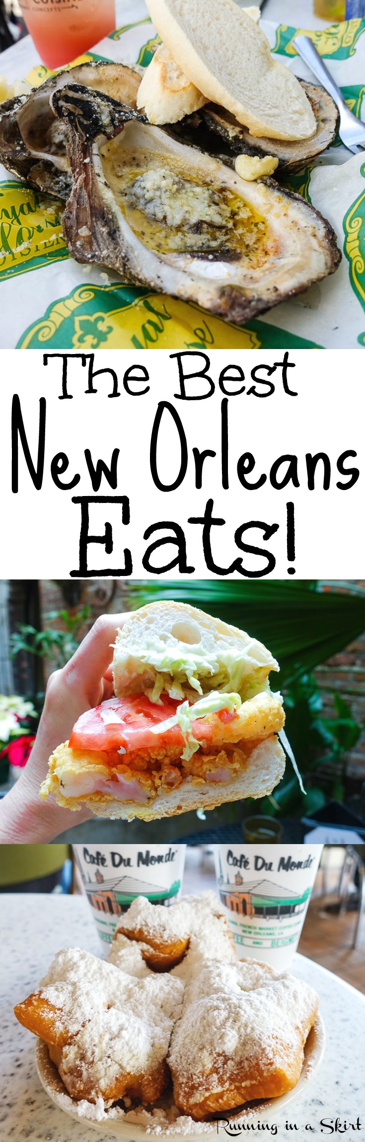 The Best New Orleans Eats & Drinks - A travel guide for the best NOLA restaurants including Cafe du Monde, beignets, po'boys, oysters, gumbo, red beans. This is the food you have to try in Louisiana... including lots of seafood! A bucket list of places to try in the French Quarter and beyond... including breakfast, lunch and dinner./ Running in a Skirt via @juliewunder