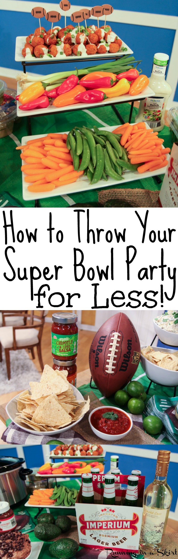 Food ideas for a Super Bowl Party on a budget. Includes a menu with appetizers, snacks, drinks, desserts and recipes. Healthy, gluten free and vegetarian options. Includes the best tips for throwing your party for less. @aldiusa / Running in a Skirt via @juliewunder