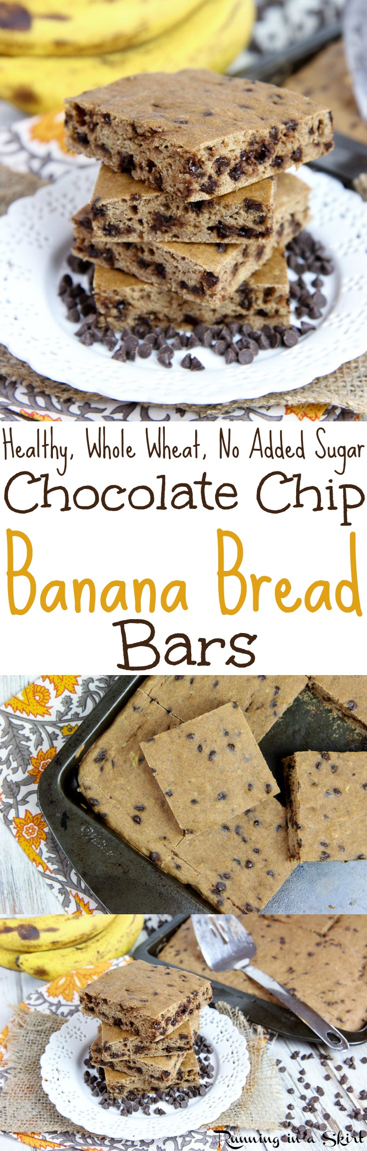 The Best Healthy Chocolate Chip Banana Bread Bars recipe - an easy, simple recipe for desserts or snacks... the perfect sweet treats! Dairy free & added sugar free. / Running in a Skirt via @juliewunder