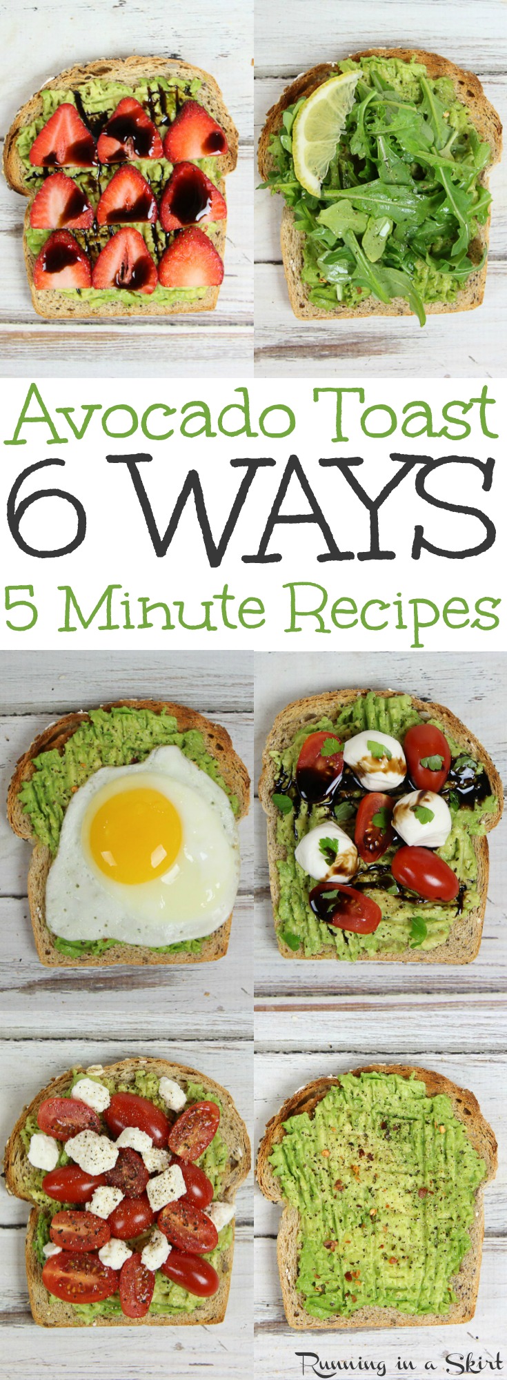 Easy Avocado Toast Recipe - 6 Ways! The best, simple 5 minute recipes for easy breakfast, lunches and healthy snacks. Includes pretty vegan options and with an egg. Classic tomato, feta, arugula, balsamic and strawberries are also featured. Starts with the basic recipe spread and builds from there! Includes the best bread to use to make avocado toast. / Running in a Skirt via @juliewunder
