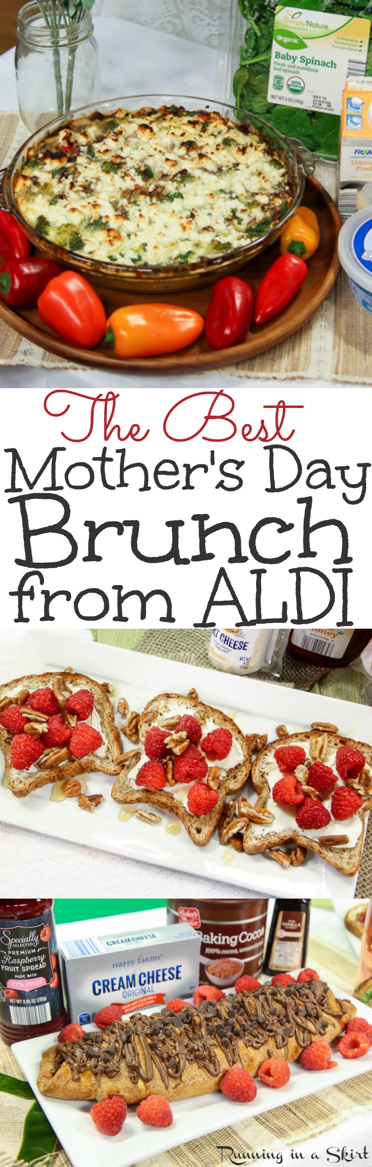 The Best Mother’s Day Brunch recipes and ideas. Includes awesome decorations for cute buffet food and an easy, healthy menu from ALDI. Also has drinks like a mimosa bar plus simple savory make ahead eggs casseroles, toast and dessert. Vegetarian option included. / Running in a Skirt via @juliewunder