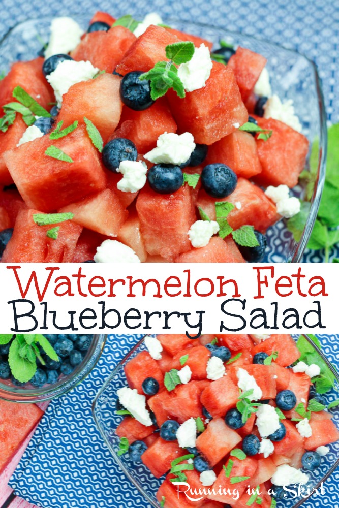 Watermelon Feta Blueberry Salad - This is the best watermelon salad with feta cheese and mint. This healthy summer fruit salad is topped with the perfect dressing option. Vegan, vegetarian and gluten free. via @juliewunder