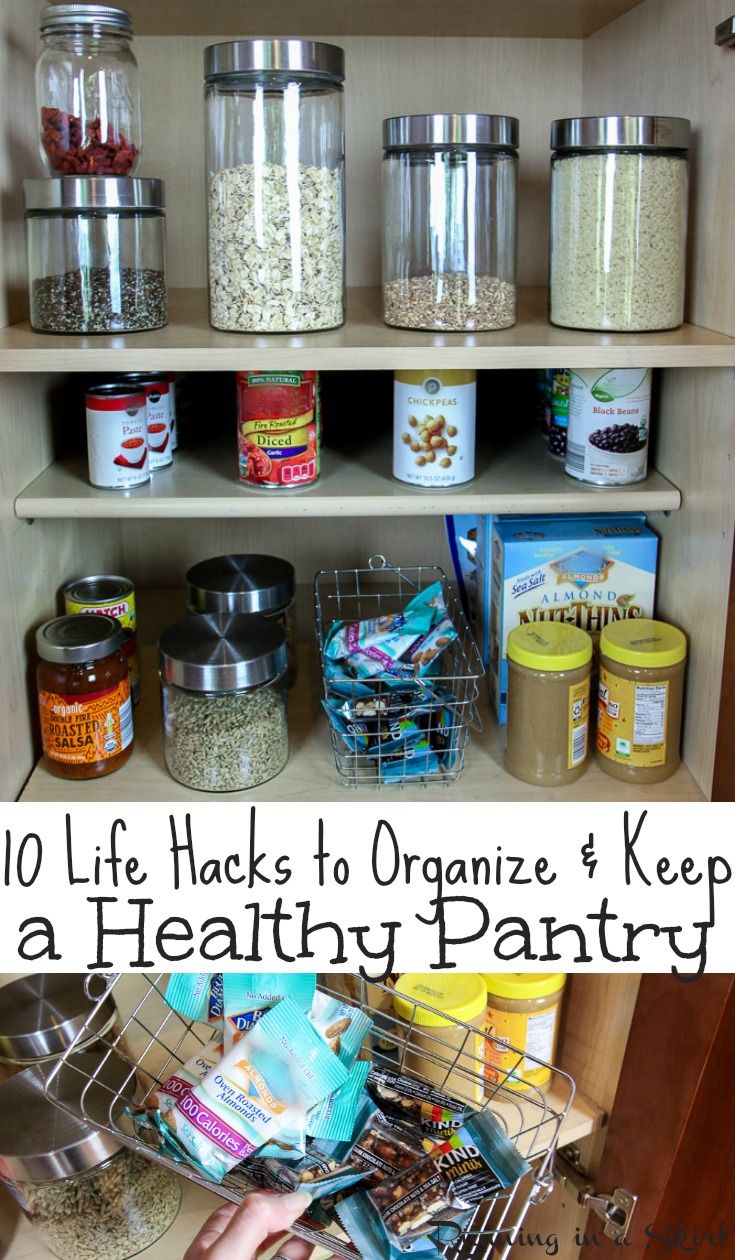 10 Healthy Pantry Organization Life Hacks - how to organize and KEEP your pantry. Includes ideas and a list for essentials and staples to always keep for cooking dinners and for families. These simple tips will help you with eating clean and keeping your health. Fabulous pantry makeover! / Running in a Skirt AD via @juliewunder