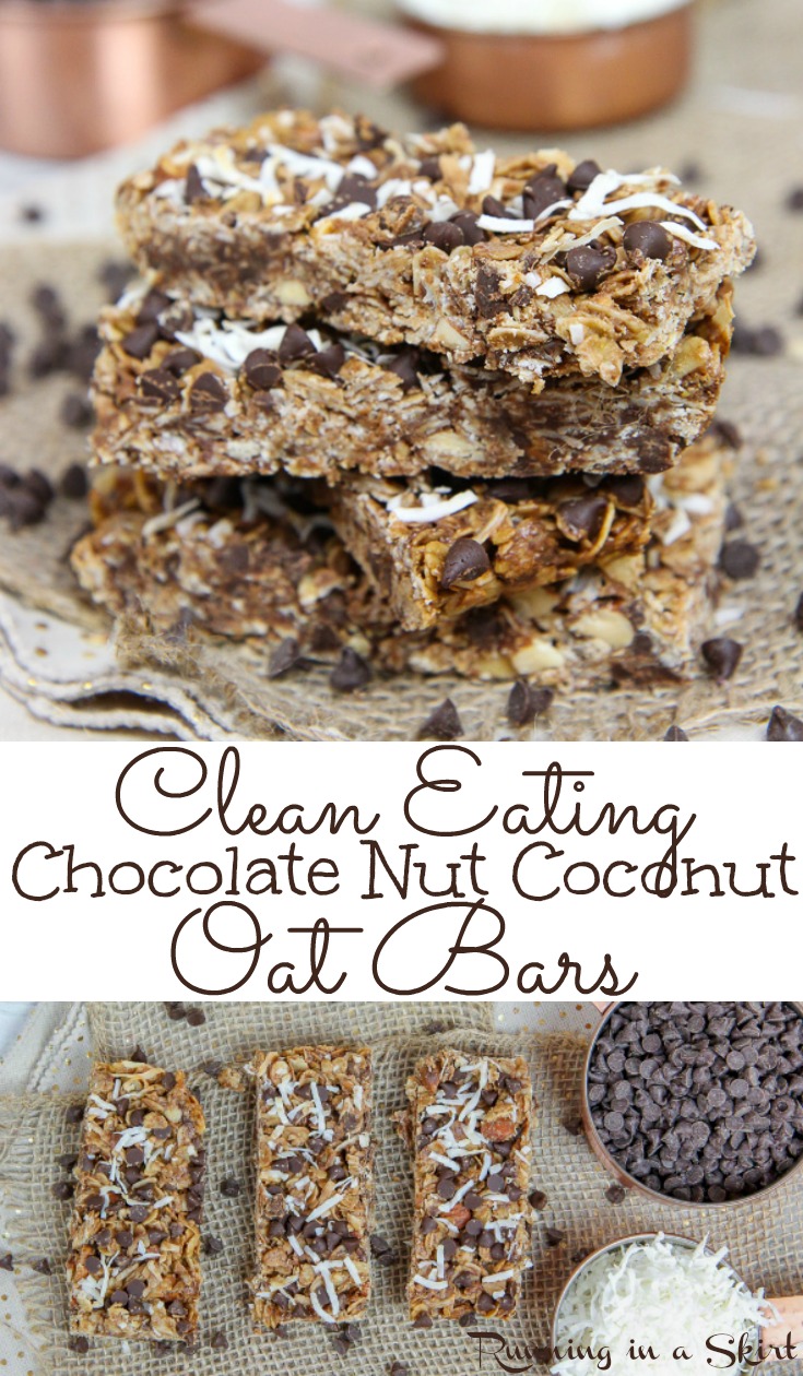 Healthy Clean Eating Chocolate Nut Coconut Oatmeal Bars - Easy, Only 7 Ingredients! These soft and chewy homemade DIY bars are simple with honey, peanut butter and no sugar. Perfect for breakfast, dessert or school snacks. / Running in a Skirt #cleaneating #healthy #recipe #oatmeal #bars #snack #dessert via @juliewunder