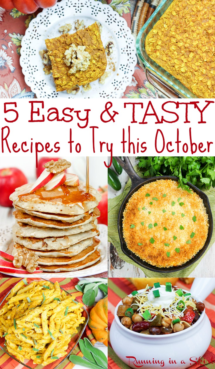 5 Easy & Tasty October Recipes - These healthy vegetarian fall recipes include dinners, soup, breakfast and desserts... some made in the crockpot or slow cooker. The best clean eating comfort foods for the season. Includes pumpkin and apple recipe ideas. / Running in a Skirt #recipe #healthy #pumpkin #apple #fall via @juliewunder