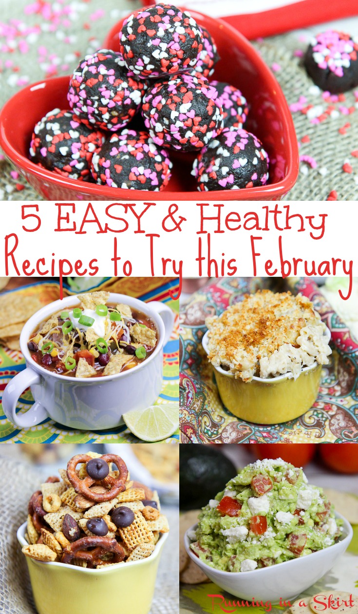 5 Easy & Healthy February Recipes - includes healthy comfort foods, easy dinners and healthy snacks for meal planning. All vegetarian and plant based. Great for singles, for kids or families. / Running in a Skirt #recipe #mealplanning #vegetarian #plantbased #healthyliving #healthy #superbowl #comfortfoods #valentinesday via @juliewunder