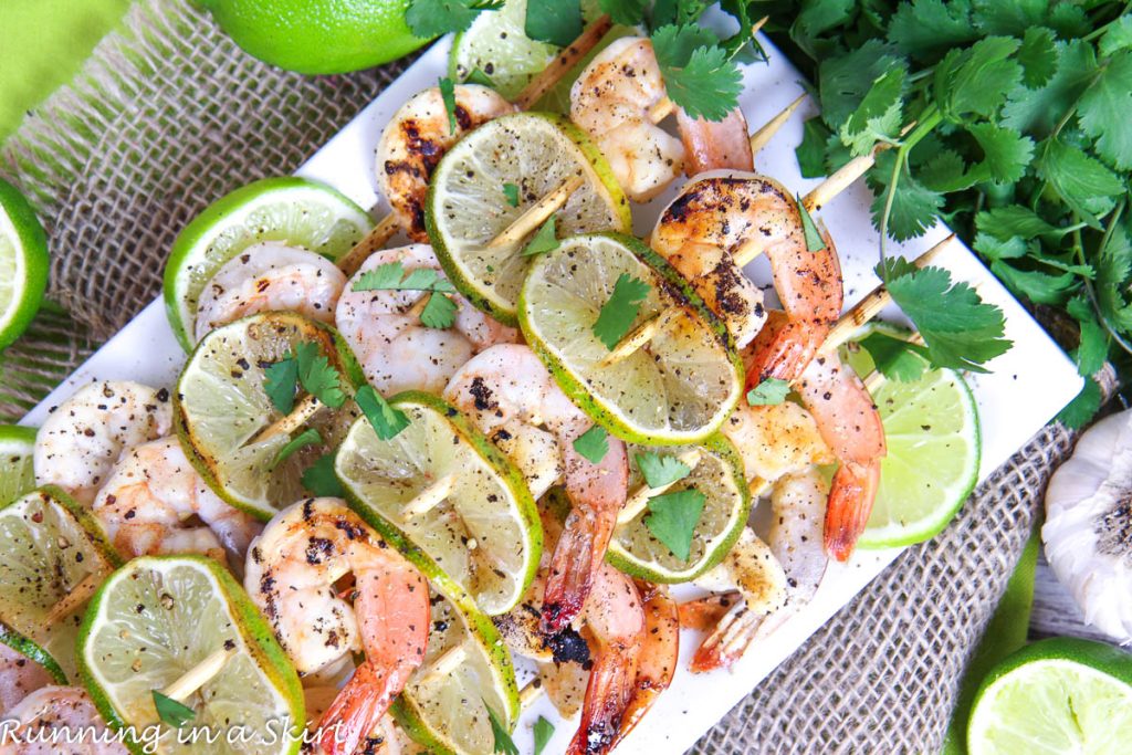 Honey Lime Shrimp Skewers  on a plate.