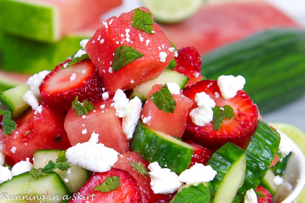Cucumber Watermelon Strawberry Salad close up.