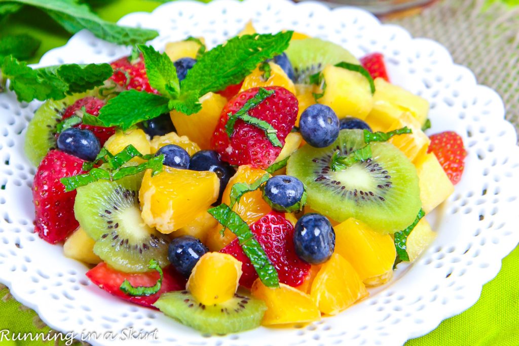 Rainbow Fruit Salad Honey Lime on a plate.