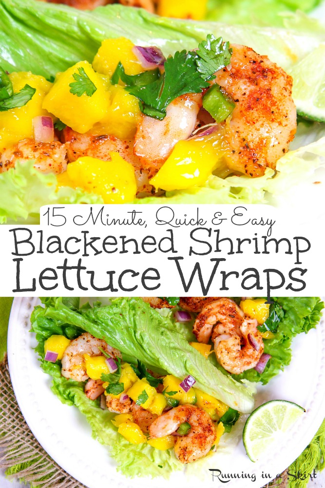 Blackened Shrimp Lettuce Taco recipe w/ Mango Salsa - healthy, low carb, gluten free and low calorie blackened shrimp lettuce wrap. This is perfect for healthy shrimp dinners and pescatarian dinners that are quick and easy. Made in 15 minutes! / Running in a Skirt #shrimp #lowcalorie #lowcarb #glutenfree #healthy #pescatarian via @juliewunder