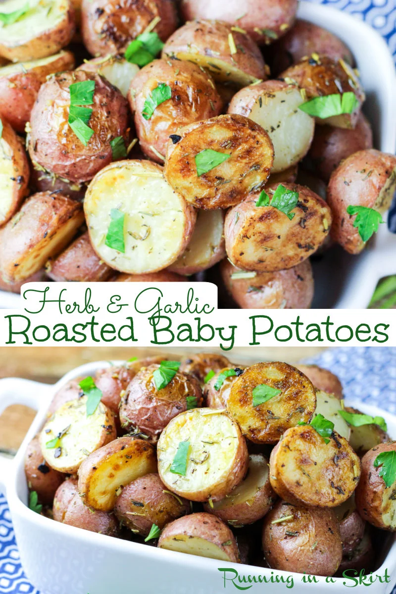 Oven Roasted Baby Potatoes recipe - oven baked to perfection in oven with herbs and garlic making a crispy potato. A simple, easy and delicious potato recipe. Vegan, Vegetarian, Clean Eating, Gluten Free & Dairy Free / Running in a Skirt #vegan #vegetaran #cleaneating #healthy #recipe #potato via @juliewunder