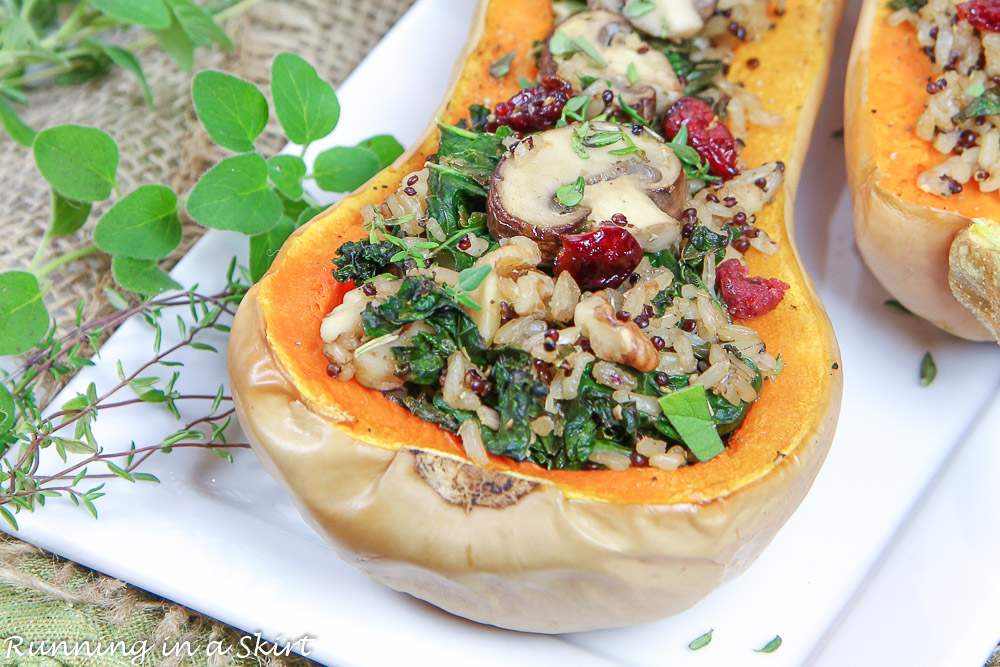 Vegetarian stuffed butternut squash close up.