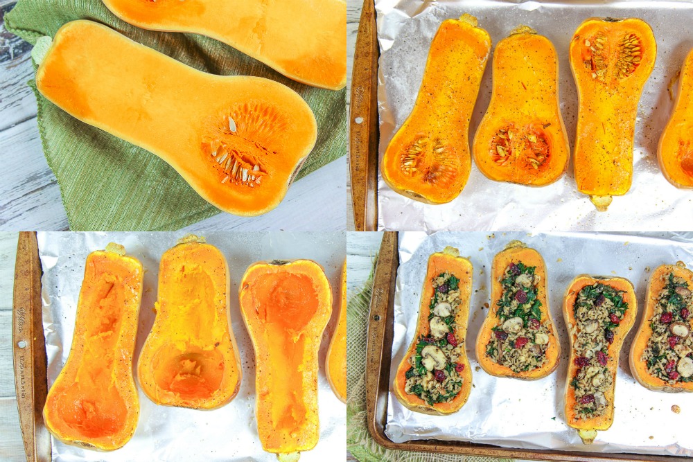 Process collage showing how to make the stuffed butternut squash.
