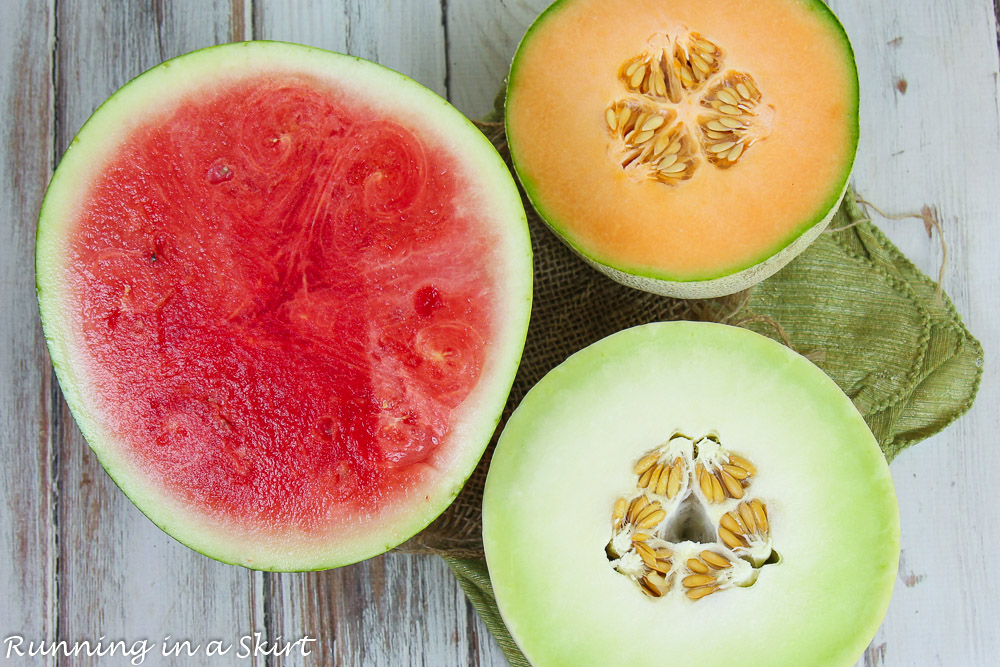 Watermelon, honeydew and cantaloupe whole.