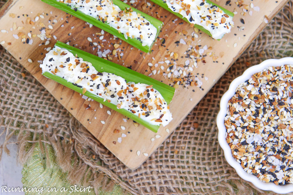 Overhead shot of the stuffed celery snacks.