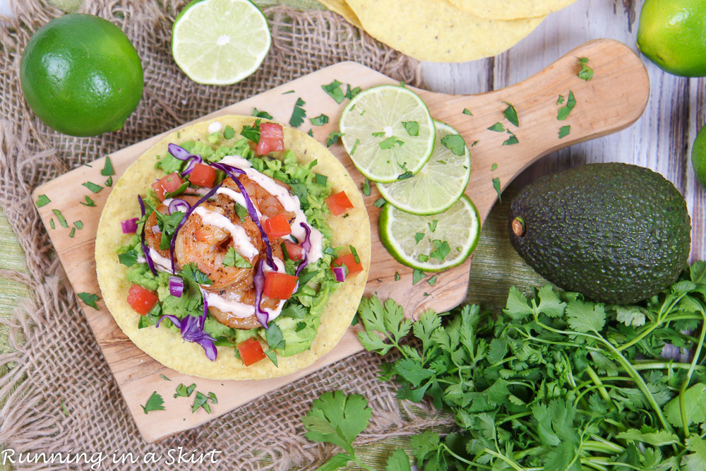 Shrimp Tostadas with toppings.
