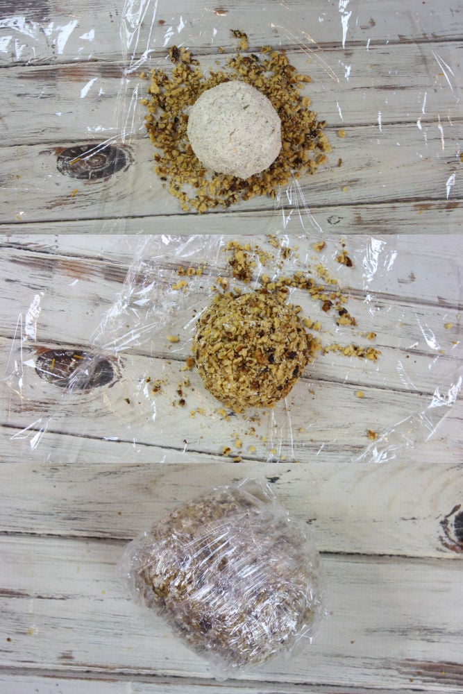 Process photo collage showing step by step how to form the cheese ball and wrap it.