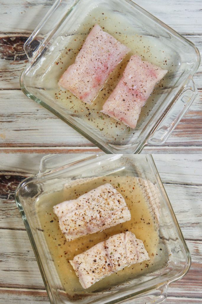 Close up of baking grouper before and after collage.