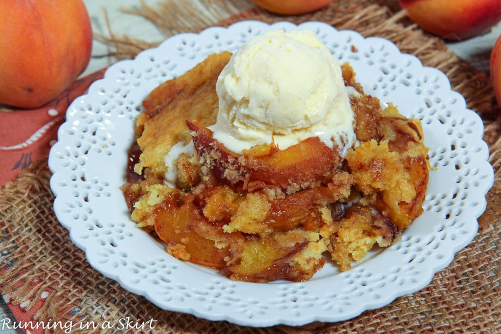 Crock Pot Peach Cobbler with Cake Mix on a plate.