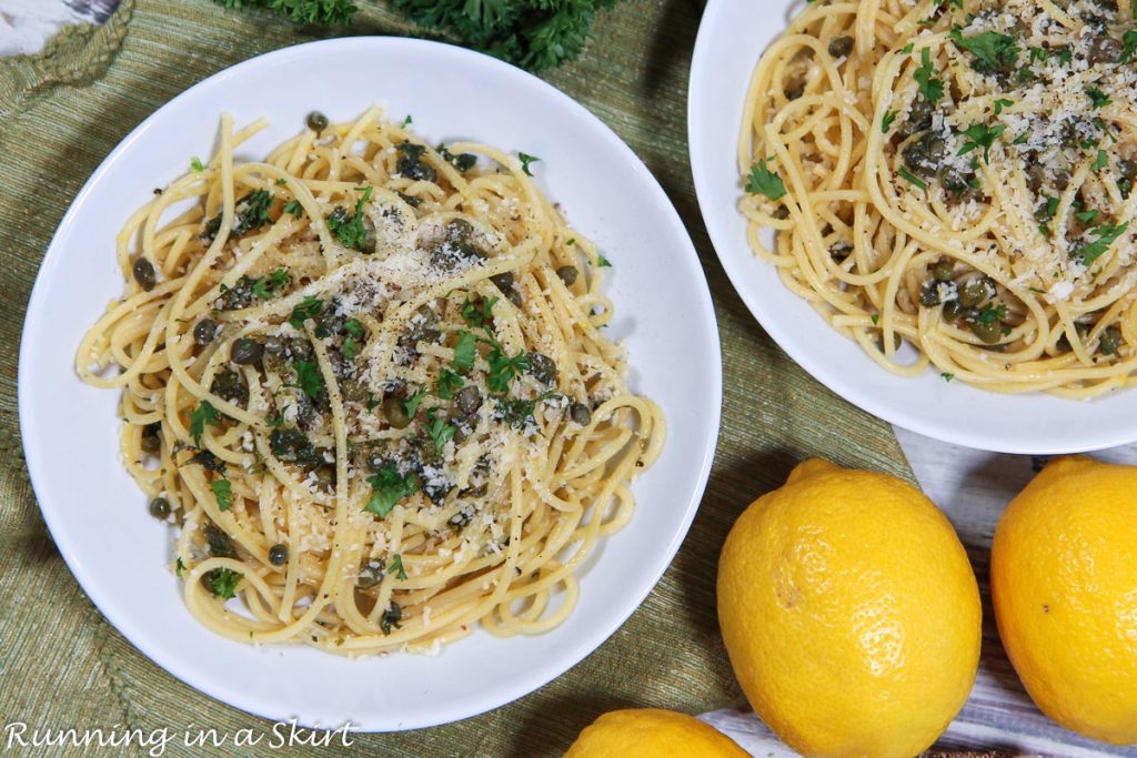 Lemon Caper Pasta overhead shot on a white plate.
