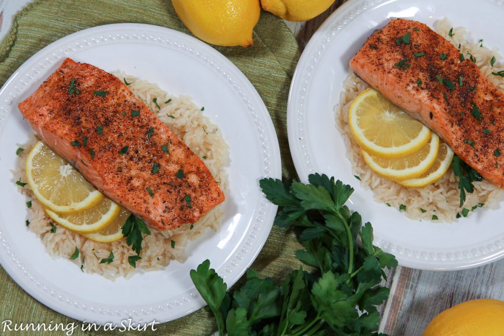 Steelhead Trout recipe overhead shot with 2 plates.