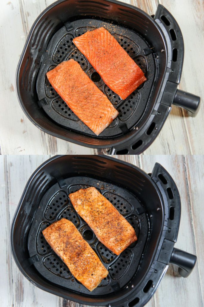 Process photo collage showing how to make the Steelhead Trout recipe in the air fryer.
