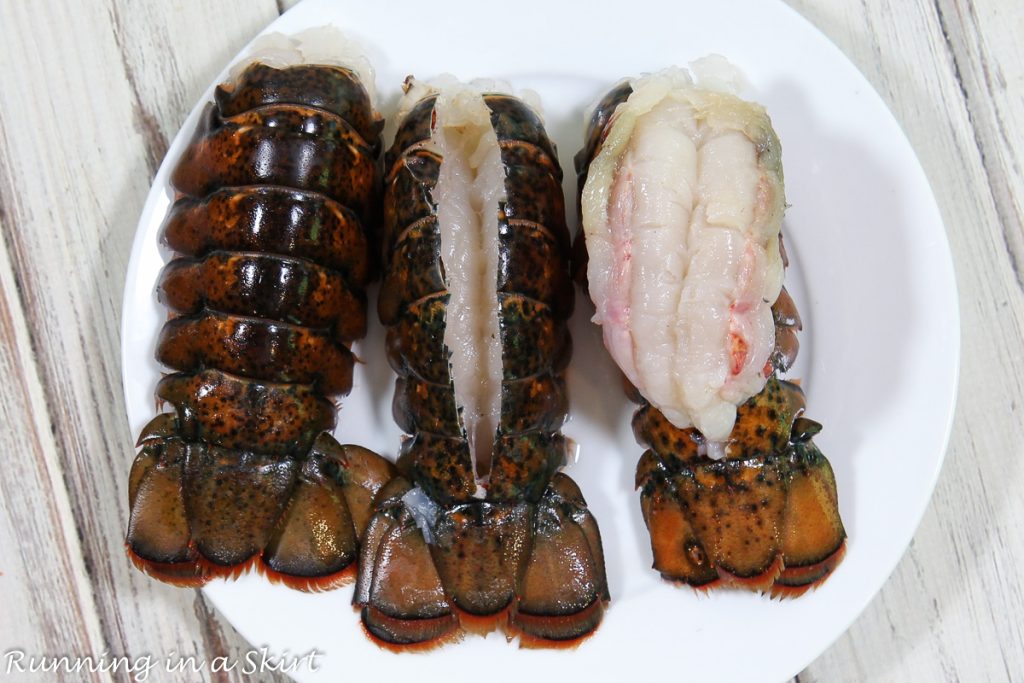 Photos showing how to prep and butterfly the lobster tails.