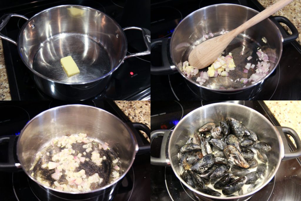 Process photo collage showing step by step how to to make the mussels.